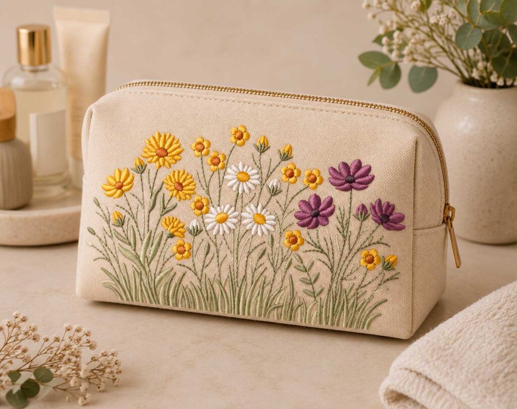 Amostra Matriz de Bordado Flores Silvestres aplicada em uma Necessaires