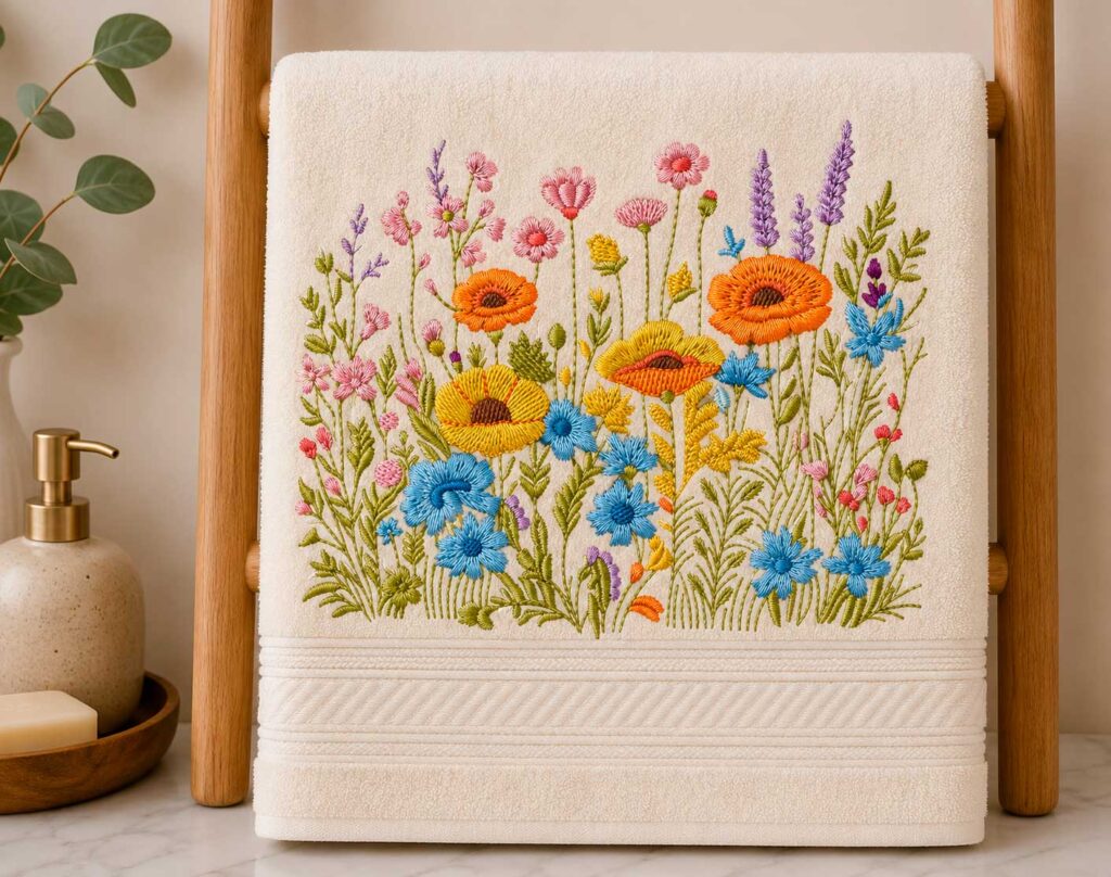 Amostra de Matriz de Bordado Flores Silvestres aplicada em toalha de banho