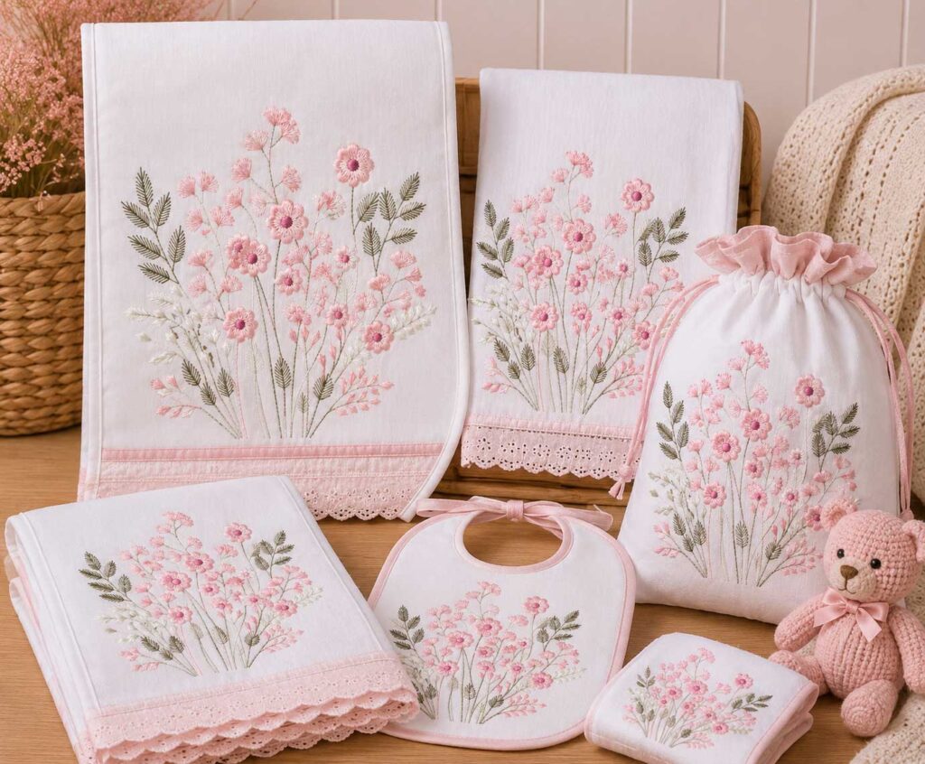 Amostra de Matriz de Bordado Flores Silvestres aplicada em enxoval de bebê