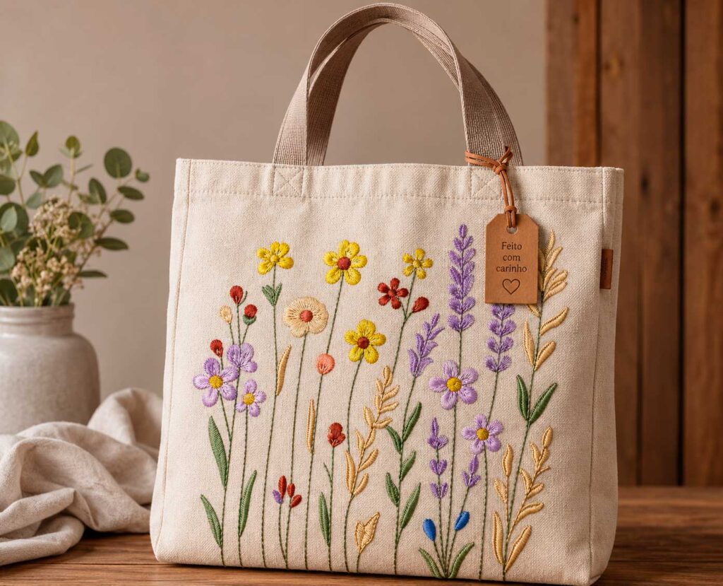 Amostra de Matriz de Bordado Flores Silvestres aplicada em bolsa de pano