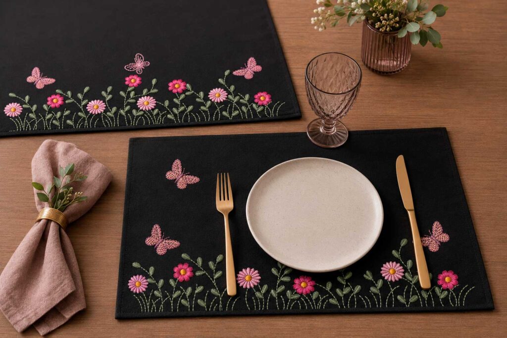 Amostra de Matriz de Bordado Flores Silvestres aplicada em jogo americano